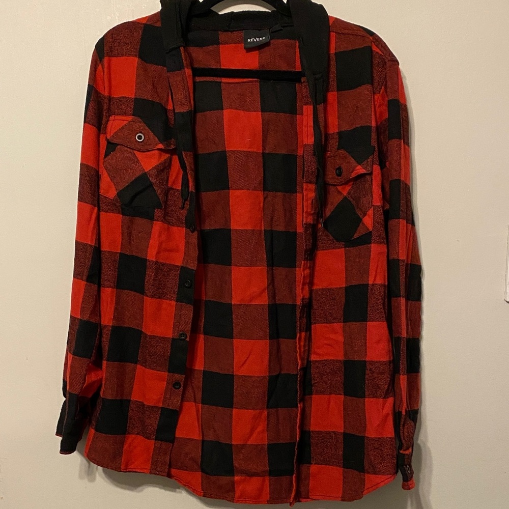 Men's Red and Black Plaid Button-Down Shirt